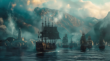 Medieval Warships at Misty Mountain Harbor – Sea, warship, medieval, sea, harbor, mountain HD wallpaper