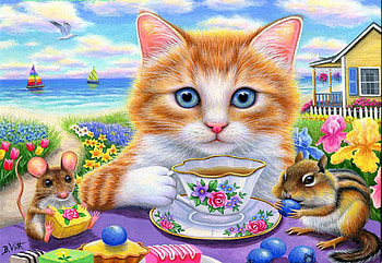 Tea By The Sea, kitten, mouse, lake, house, skipmunk HD wallpaper