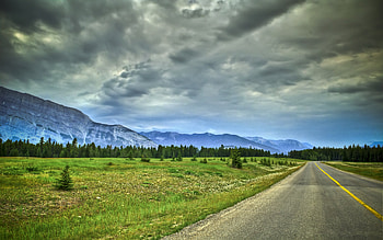 Road to the Mountains, two, beautiful, lane, green, clouds, nature, mountains, forest, granite, blacktop HD wallpaper