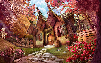 Tree, Fantasy, House, Flower, Path HD wallpaper