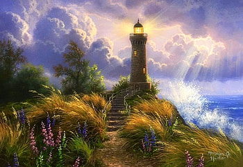 Myrtle Beach Lighthouse, South Carolina, artwork, sea, stairs, painting, plants, clouds, sky HD wallpaper