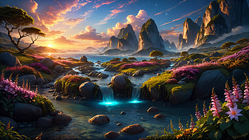 Sunrise Serenity: AI Waterfall Landscape, waterfall, landscape, sunrise, river, AI Art HD wallpaper