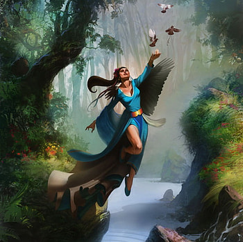 Wind Walker, river, pigeons, abstract, fantasy, girl, forest HD wallpaper