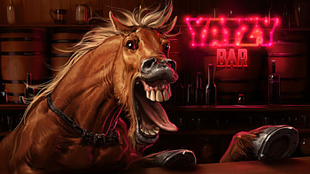 Screaming Horse Bar, brown, horse, pink, art, fantasy, sviatoslav gerasimchuk, funny, bar HD wallpaper