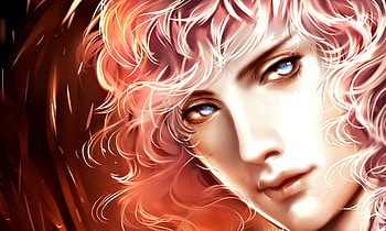 Valentine, blue eyes, sakimichan, art, man, orange, pink, fantasy, face, guy HD wallpaper