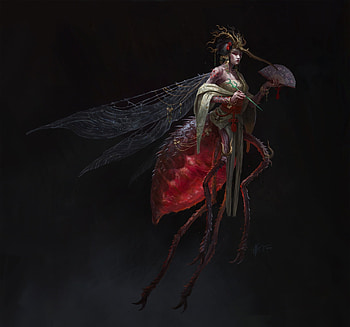 Mosquito Maiden, wings, black, girl, alexandr kozachenko, hand fan, fantasy, red, evantai, fly, creature, insect HD wallpaper