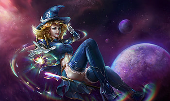 Lux, blue, girl, woman, witch, purple, halloween, planet, fantasy, league of legends, game, cosmos, luminos, hat HD wallpaper