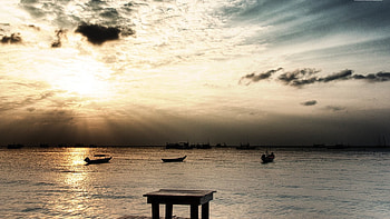 ocean dock at sundown, sea, dock, sunset, boats HD wallpaper