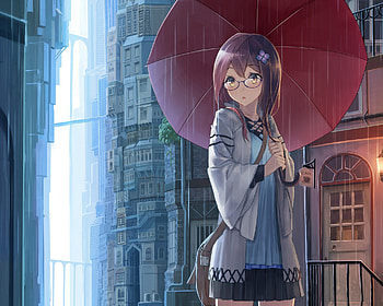 Rainy Day, raining, umbrella, town, cute, long hair, wet, sunglasses, glasses, water, female, sexy, rain, city, house, hot, girl, anime girl, anime, building HD wallpaper