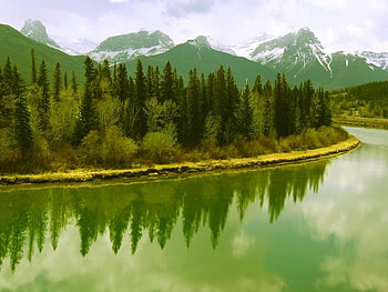 Canmore, Alberta, trees, sky, mountains, water HD wallpaper