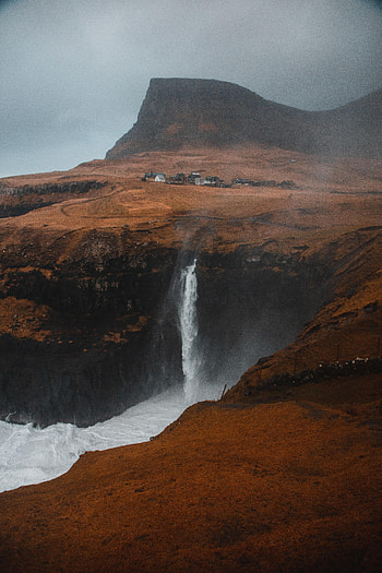 Nature, Rocks, Waterfall, Fog, Settlement HD phone wallpaper
