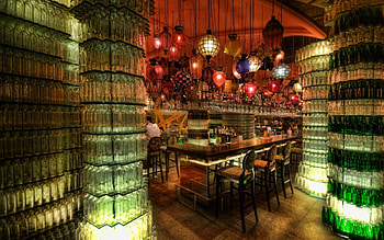 glass bottles wall in a bar, walls, lights, bottles, glass, bar HD wallpaper