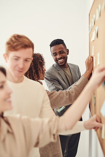A diverse group of professionals collaborating on a project by using sticky notes on a board indoors. HD phone wallpaper