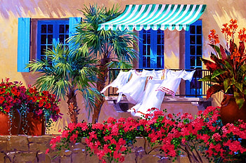 Washing Day, artwork, painting, house, flowers, balcony, clothes HD wallpaper