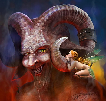 Fairy in Chains, fairy, horns, key, fantasy, figure, beard, chains HD wallpaper