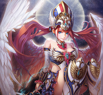 Angel, blue, feathers, cute, long hair, dress, beauty, lady, female, golden, wings, sweet, white, girl, beautiful, pink hair, woman, anime girl, anime, pretty, lovely HD wallpaper