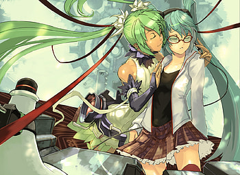 Hatsune Miku Append & Hatsune Miku, mega, awesome, uniform, artistic, nice, digital, cg, hatsune, glasses, aqua eyes, sexy, outfit, white, hatsune miku, art, twintail, hot, girl, singer, aqua, anime girl, anime, pretty, kiss, virtual, black, song, cute, ribbons, vocaloid, beauty, miku, music, vocaloids, thighhighs, program, skirt, beautiful, diva, tie, aqua hair, red, cool, flowers, idol HD wallpaper