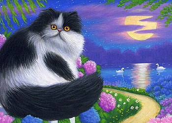 Moonlight Fluffy, attractions in dreams, cats, paintings, spring, fluffy, love four seasons, lakes, swans, animals, draw and paint, flowers, pond, moons HD wallpaper