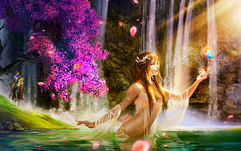 Enchanting, trees, waterfalls, fantasy, woman HD wallpaper