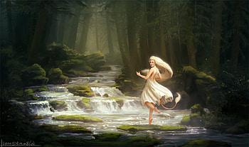 Creature of the forest, river, white, blonde, art, girl, lion, am markussen, fantasy, green, waterfall, luminos HD wallpaper