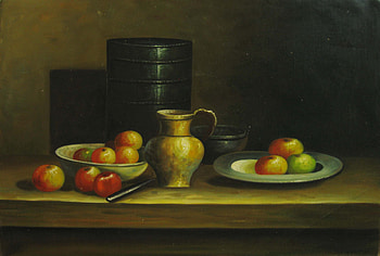 Still Glance, table, pitcher, plates, fruit, knife, bowls, pot HD wallpaper