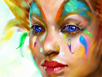 Magic clown, blue, colorful, magic, dangmylinh, clown, art, eyes, girl, fantasy, rainbow, green, yellow, red, face HD wallpaper