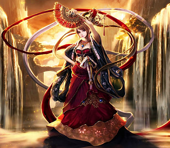 Oriental Girl, asian, beautiful, girl, oriental, dress, fan HD wallpaper