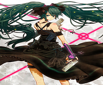 007 Guns, oo7 guns, sexy, hatsune miku, cross, tail hair, hot, guns, necklace, gloves, anime girl, black dress, miku, female HD wallpaper