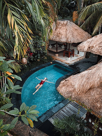 A woman enjoying leisure time floating in a tropical resort pool surrounded by lush greenery. HD phone wallpaper