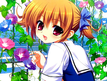 Irisu Makina, sweet, grisaia no kajitsu, cute, girl, blue ribbon, anime, pretty, short hair, brown hair, flowers, pink eyes HD wallpaper