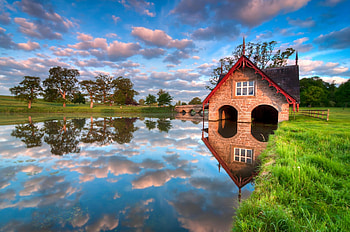 Boat House At Carton House, Ireland, house, meadow, beautiful, lake, reflection, Kildare, bridge, clouds, trees HD wallpaper