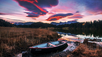 Lake Geroldsee, Bavarian Alps, boat, trees, landscape, germany, clouds, sky, forest, sunrise HD wallpaper