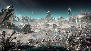 Landscape — Metallic Alien Horizon, Futuristic City, Alien Planet, Sci Fi Landscape HD wallpaper