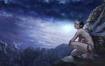 Mounain Fairy, night, fairy atop mountain, dark, fairy, moonlight, fantasy, abstract, dragon, sky, mountains HD wallpaper