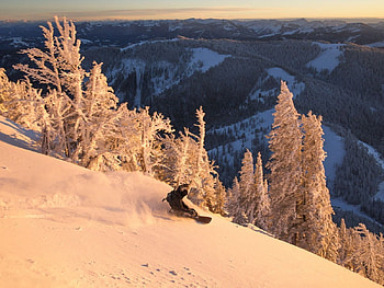Sunset Snowboarding, winter, snow, landscape, trees, mountains HD wallpaper