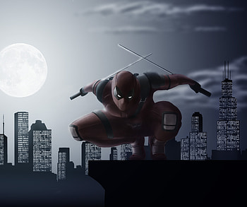 Deadpool, cityscape, moon, night HD wallpaper
