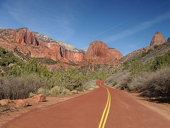 Kolob Canyon, Zion National Park Utah, bushes, road, sky, canyon HD wallpaper