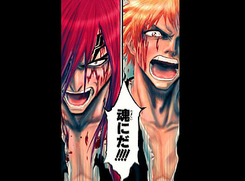A pact with the Soul, ichigo, orange hair, black background, red eyes, red hair, writing, ichigo kurosaki, bleach, kurosaki ichigo, renji, renji abarai, abarai renji, torn clothing, blood, male, duo, scream, orange eyes, anime, open mouth HD wallpaper