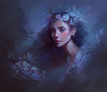 Blue, girl, flower, indi creates, fantasy, art, face HD wallpaper