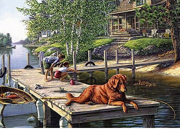 Dog, river, puppy, painting, art HD wallpaper