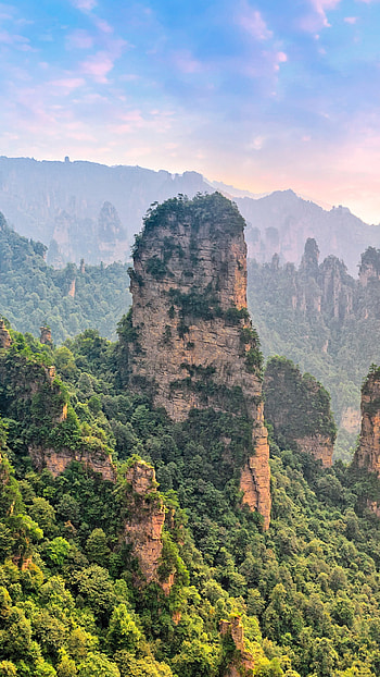 Cliffs and mountains, Valley at sunrise, Tianzi mountain, Zhangjiajie forest park HD phone wallpaper