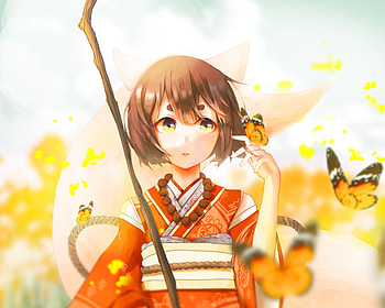 Cute, anime girl, yellow eyes, outdoor, meadow HD wallpaper
