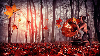 Autumn forest song, digital, leaves, art, grammo, trees, girl HD wallpaper