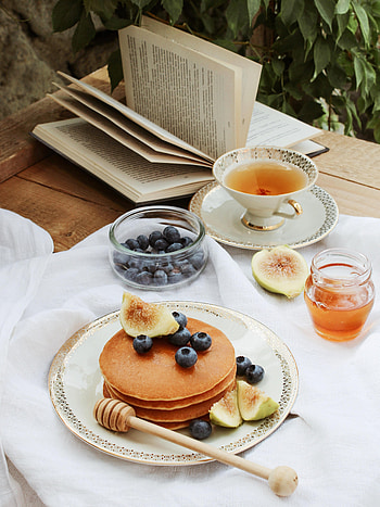 Fruits, Food, Bilberries, Book, Pancakes, Tea, Bakery Products, Baking, Fig HD phone wallpaper