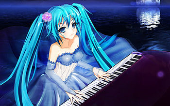 Hatsune Miku, song, cute, vocaloid, miku, piano, vocaloids, moon, flower, hatsune, water, blue eyes, twintail, blue hair, girl, beautiful, anime, pretty HD wallpaper