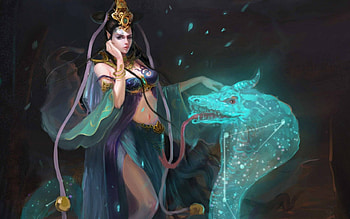 Sorceress and her magic snake, blue, snake, animal, sorceress, black, girl, woman, fantasy, green, yellow, serpent, reptile, princess HD wallpaper