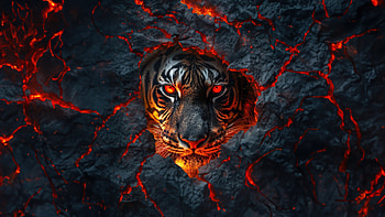 AI Tiger: Fiery Gaze from the Molten Depths, AI Art, tiger HD wallpaper