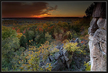 Autumn Sunset, autumn fall, art , grey, beautiful, dark, red, trees, sky, cliff, sunset HD wallpaper