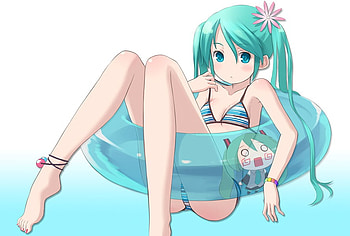 Hatsune Miku, blue, miku, inner tube, pigtails, hatsune, bikini HD wallpaper