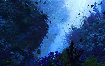 Underwater, blue, sea, black, dark, fantasy, green, fish, ocean HD wallpaper